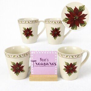 2003 MB Merry Brite MTB1 Holly Red Poinsettia Trim Christmas Mugs Cups Set of 4